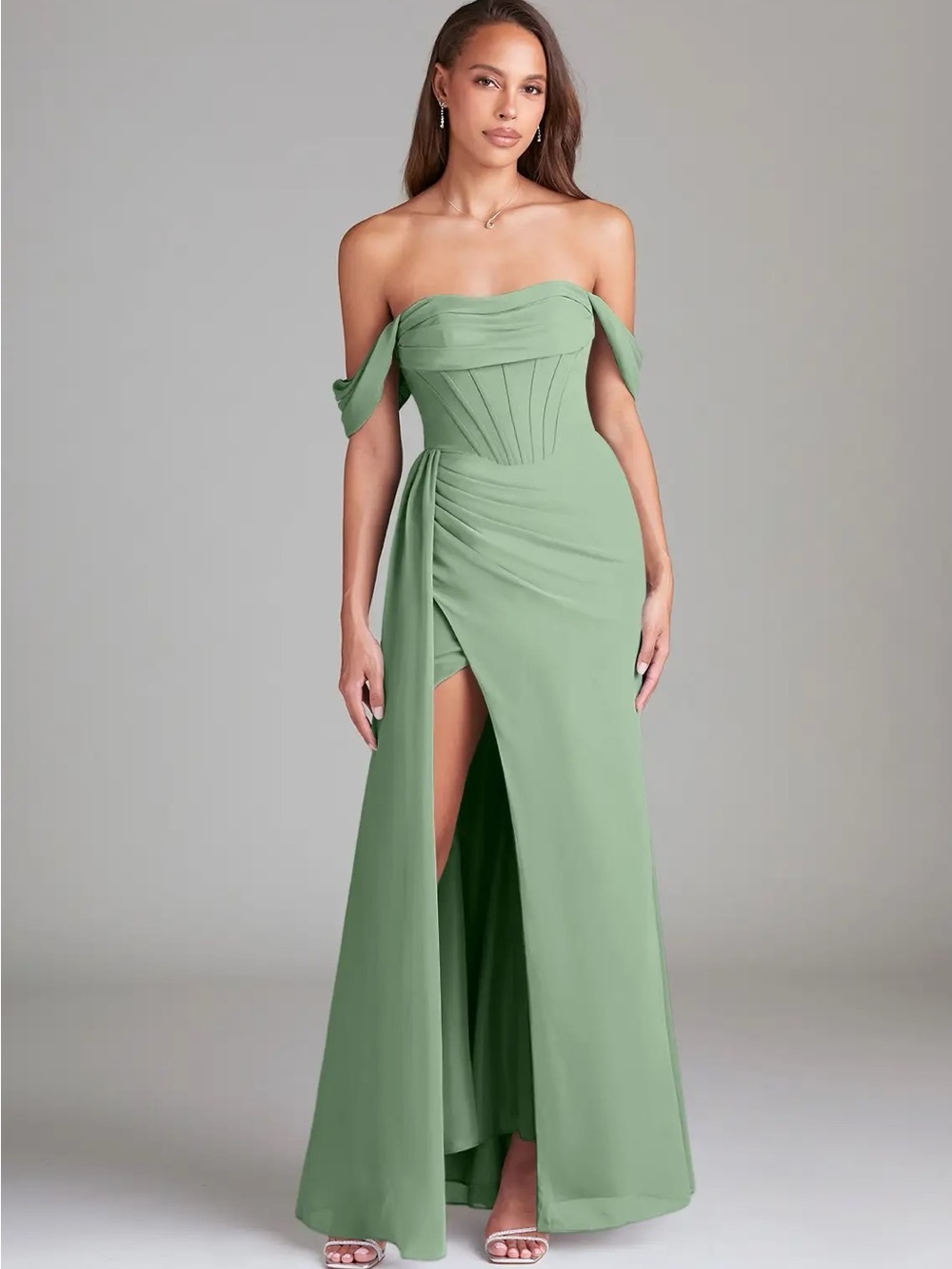 Azazie Amyra dress Matcha green Off-Shoulder  Corset Gown A4